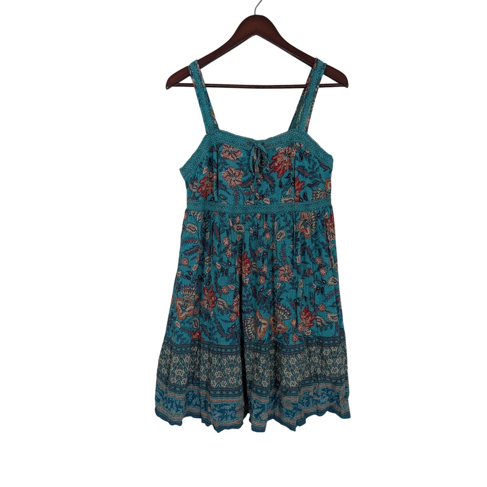 Maurices Teal Floral Boho Mini Dress Women's M Lace Up Smocked Back Sleeveless